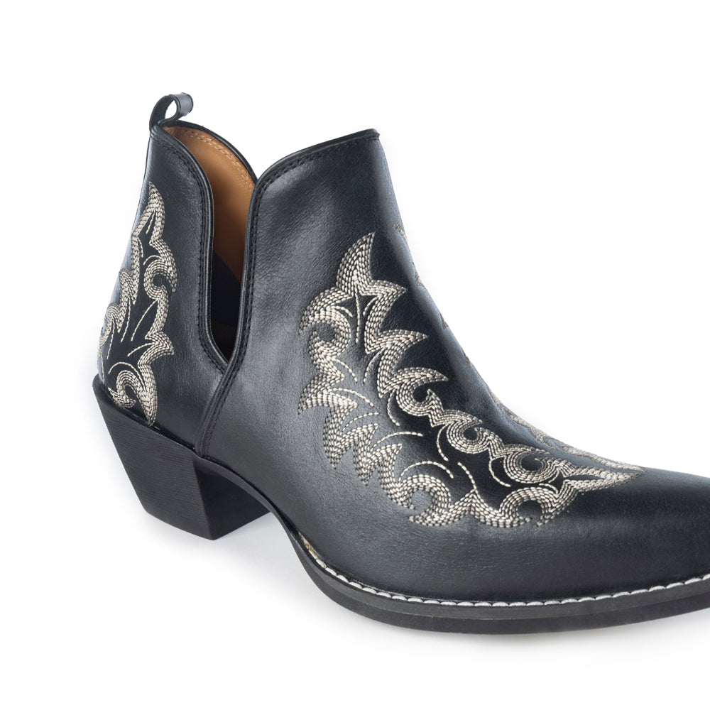 Myra Tempest Embroidered Cowgirl Booties in Onyx for Women in Genuine Leather with Snip Toe