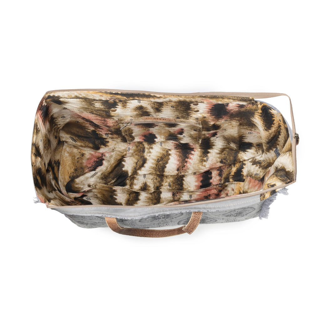Myra Wild Compass Weekender Bag for Women in sage with vintage print detail