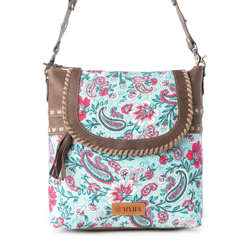 Myra Lagoon Lily upcycled canvas Bag for Women in blue with leather and weaved flap