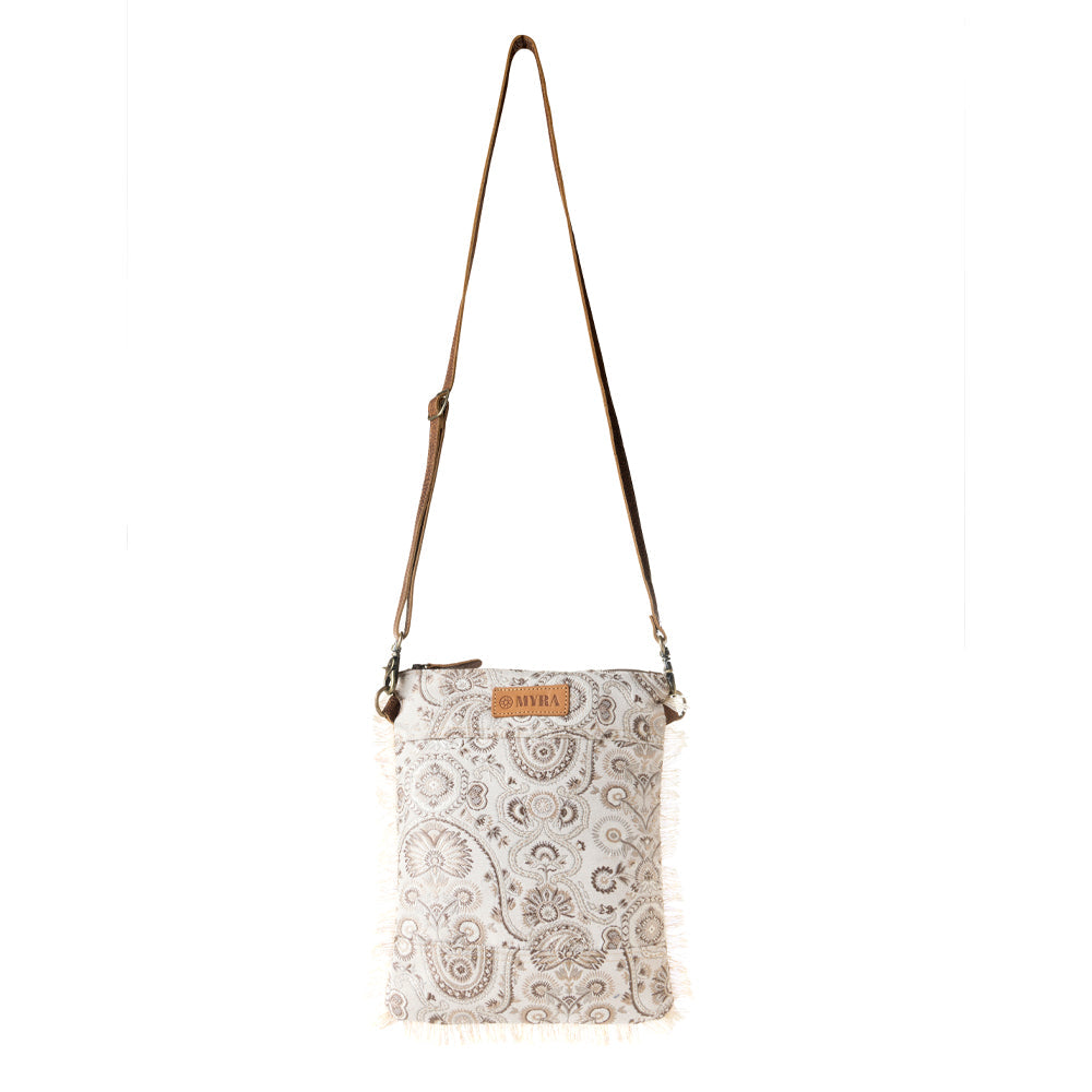 Loom Tapestry upcycled canvas crossbody Bag for Women in sage with fringe detail