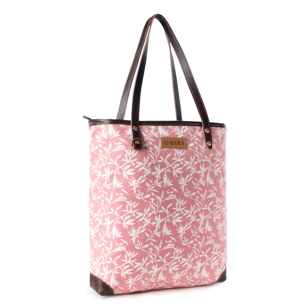 Myra Rose Vine Vintage Tote Bag for Women in pink with leather detail