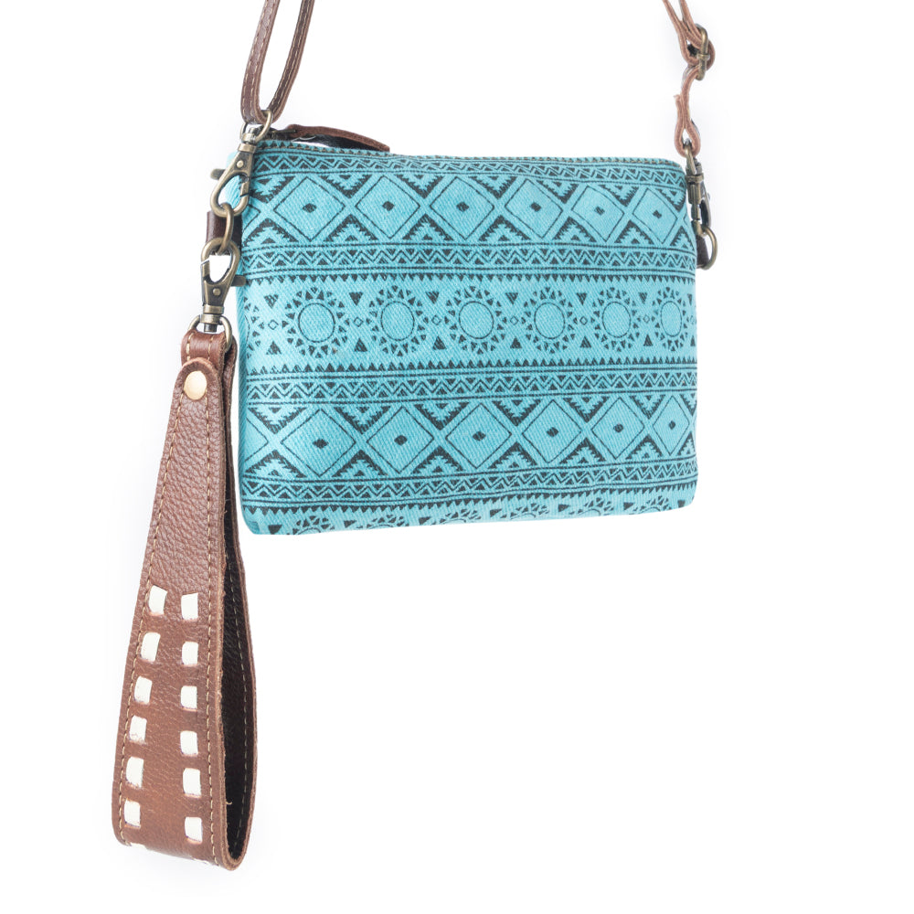 Myra Aztec Sky Cotton Belt Bag for Women in turquoise with leather detail