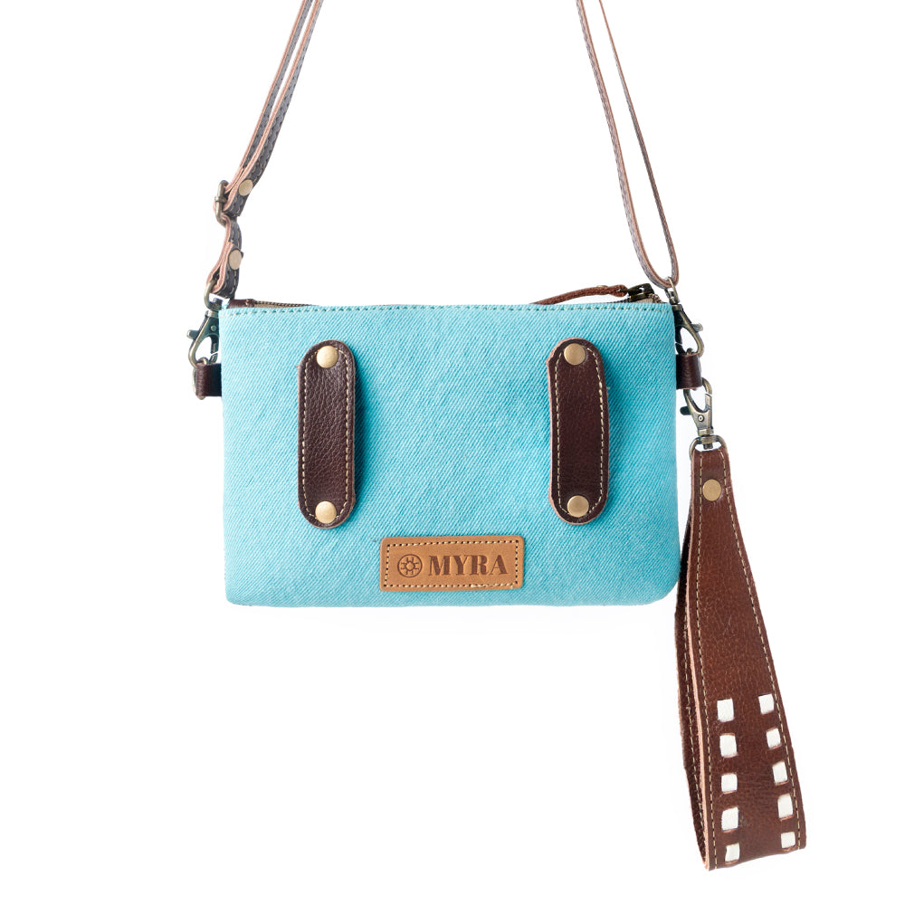 Myra Aztec Sky Cotton Belt Bag for Women in turquoise with leather detail