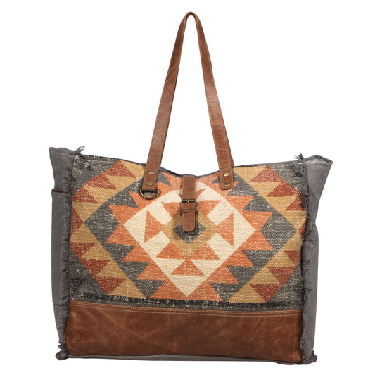 Myra Cosmopolitan Weekender Tote Bag â€“ Fringed Edges, Aztec Print Design with Buckle Flap Closure for Travel