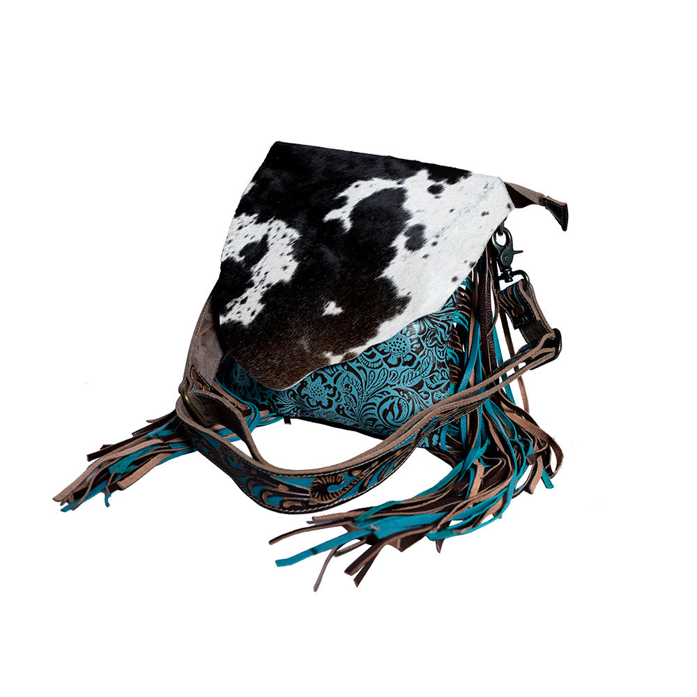 Myra Cobal Blue Concealed Carry Bag â€“ Hair-On Leather Crossbody with Embossed Turquoise Panel and Fringe Detailing