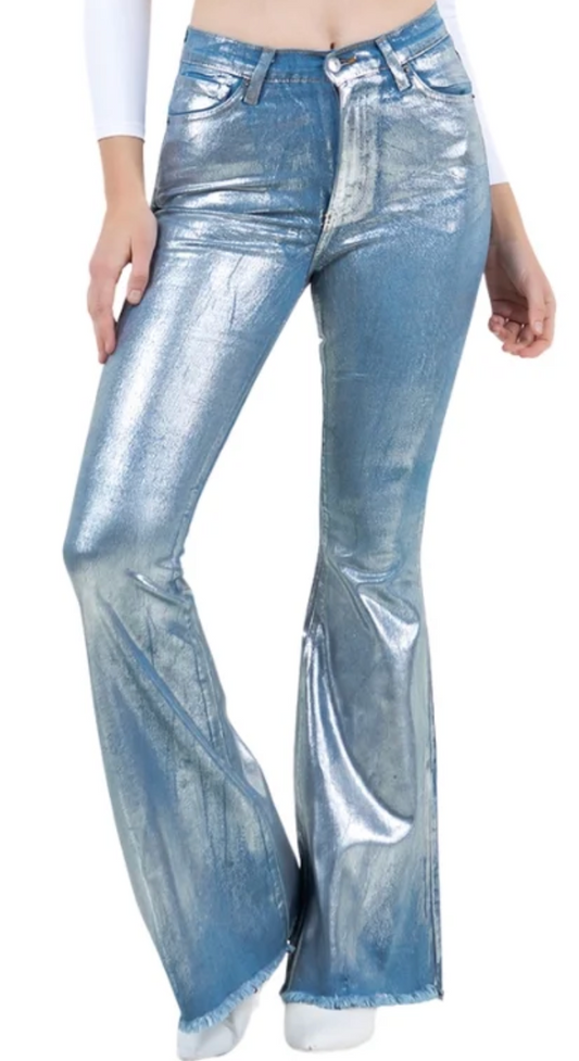 Glister Silver Foil Metallic Bell Bottom Jeans - Blue Denim - 32" Inseam