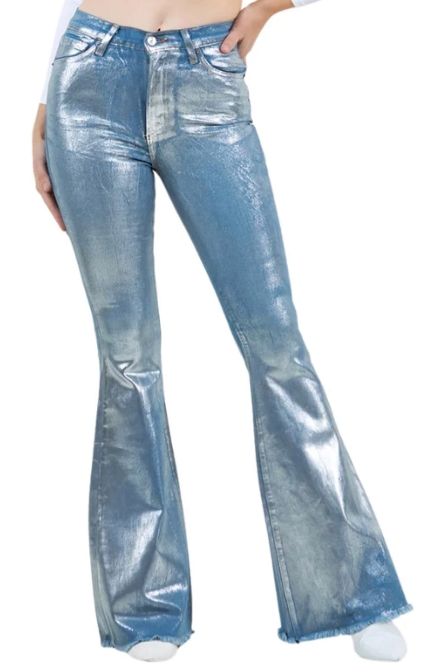 Glister Silver Foil Metallic Bell Bottom Jeans - Blue Denim - 32" Inseam