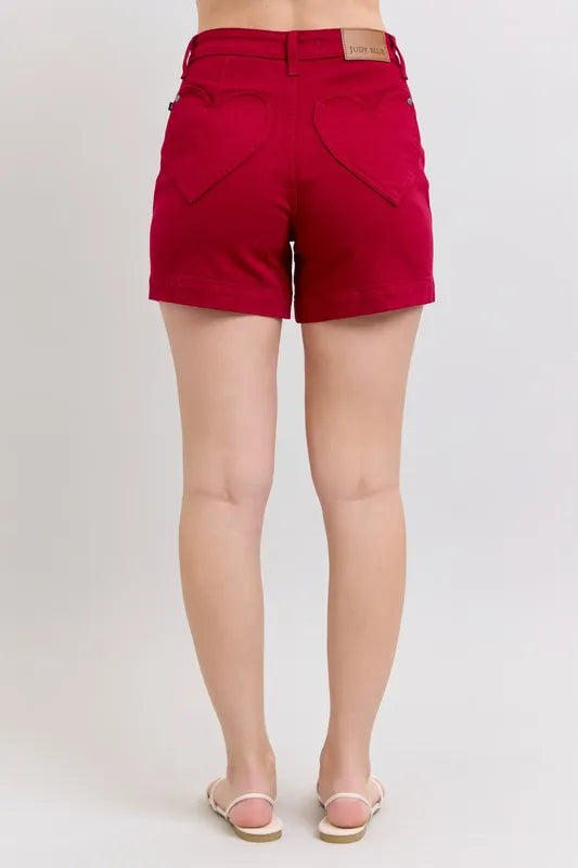 Hear Shaped Pockets -High Waist Tummy Control Garment Dyed Denim Shorts