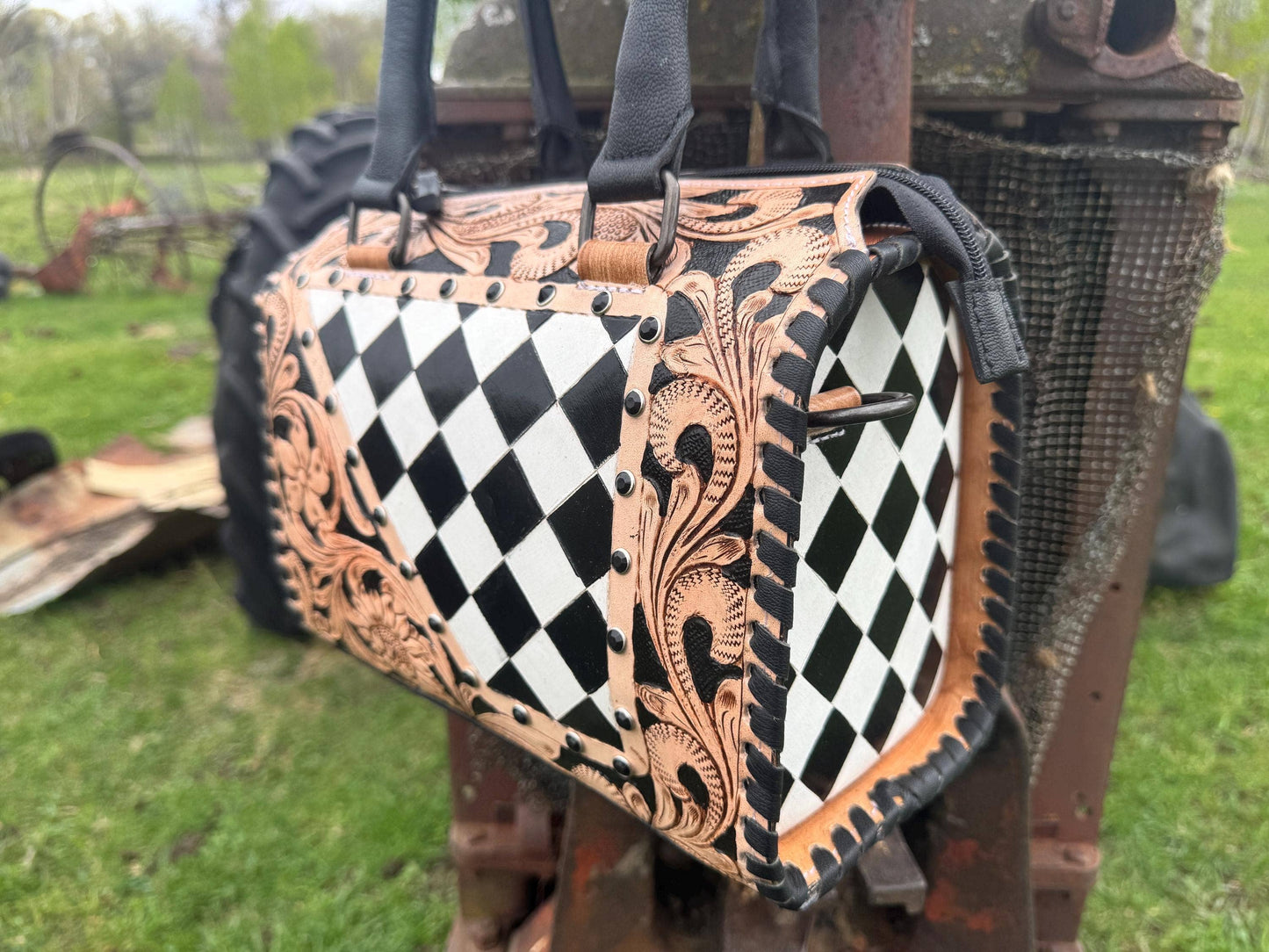 Luxe Tooled Leather Midnight Rhinestone Stud Checkered Speedy Bag