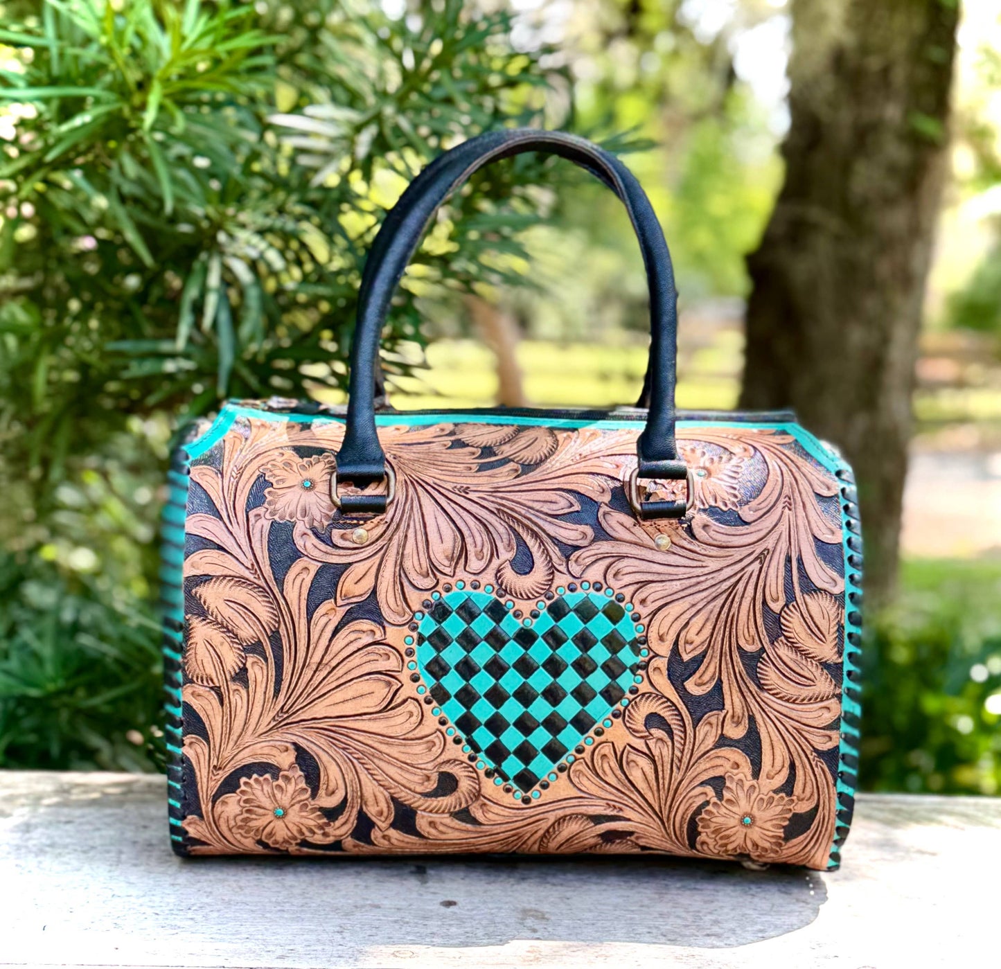 Tooled Leather Turquoise Black Checkered Heart Speedy Bag