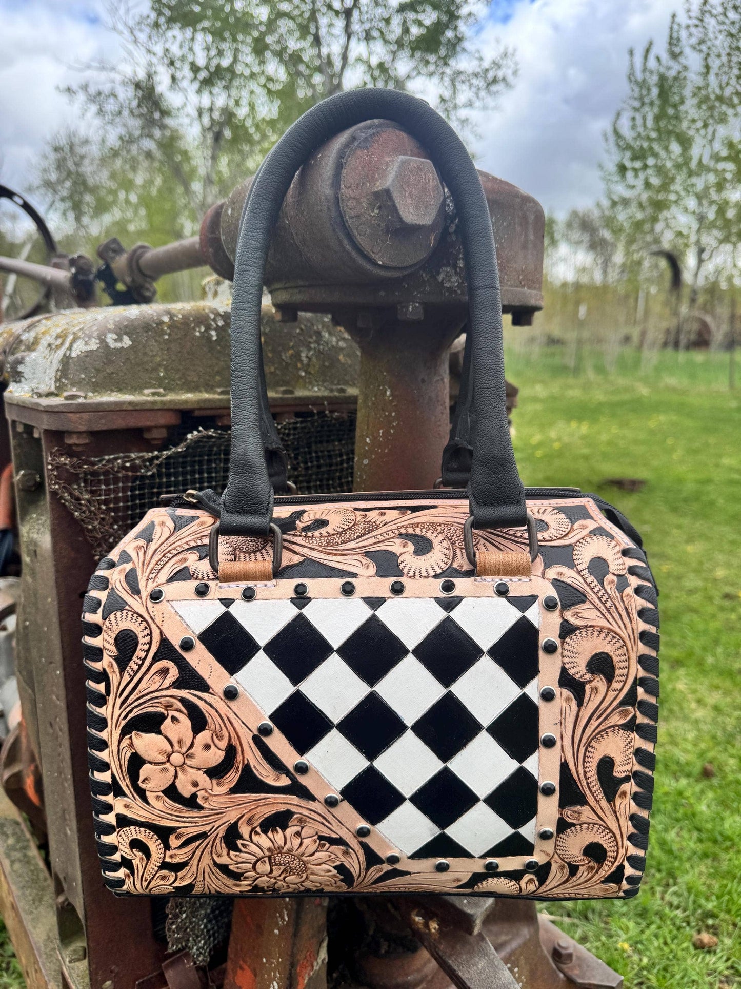 Luxe Tooled Leather Midnight Rhinestone Stud Checkered Speedy Bag
