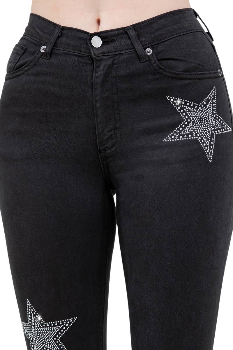 Black Denim Star Rhinestone Bell Bottom Jeans -32” Inseam