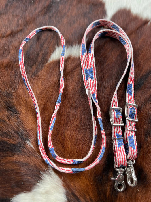 3/4" x 8ft American Flag nylon contest rein with scissor snap end