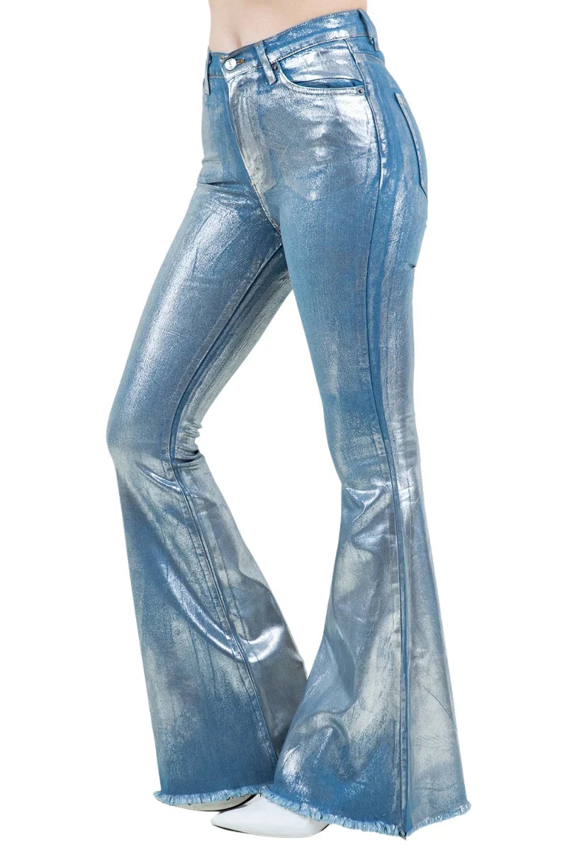 Glister Silver Foil Metallic Bell Bottom Jeans - Blue Denim - 32" Inseam