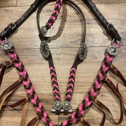 Made to Order Western Tack Set - Pink Braided Leather with Fringe (BHT021)
