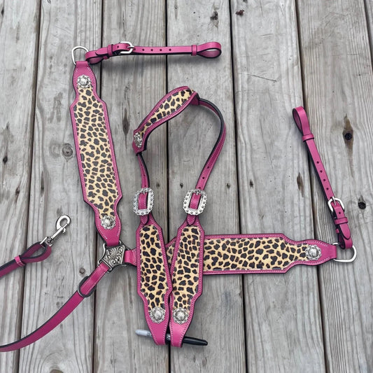 READY TO SHIP Western Tack Set - Hot Pink & Cheetah Leather (BHT092)